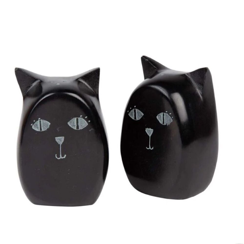 Cat Carved Black Palewa Stone Salt & Pepper Shakers 3"